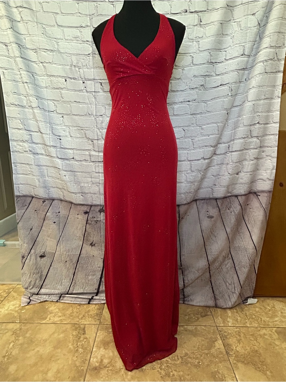 City Triangles Red Sparkle Maxi Dress with V-Neck